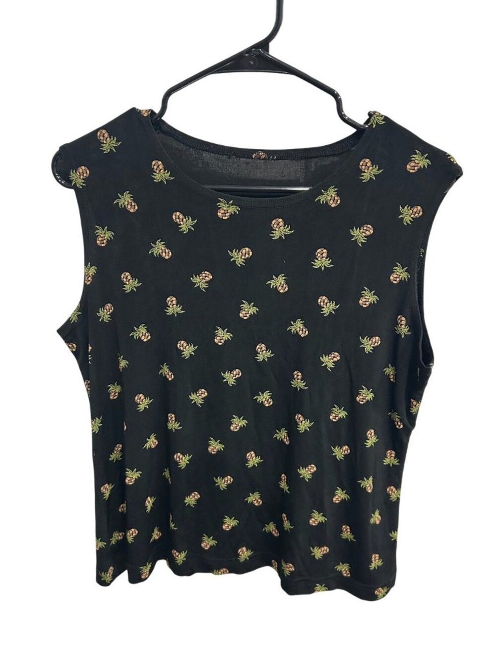 Womens Black Pineapple Print Sleeveless Lightweight Top Size L Boho Coastal